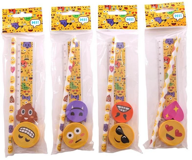 Emoji írószer készlet - suliszett 4 db-os (grafitceruza, vonalzó, radír, hegyező) 