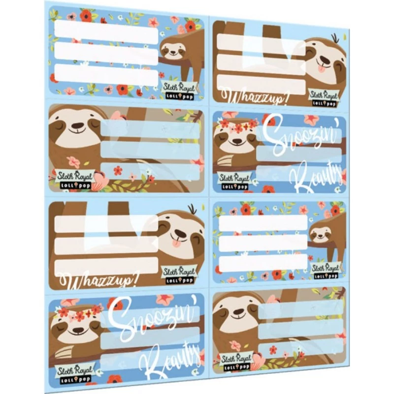Lajháros íves füzetcímke - 8 etikett/ív - Lollipop Sloth Royal