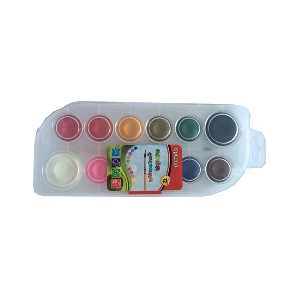Vízfesték 12 szín 30 mm - Optima - ajándék ecsettel PVC tokban