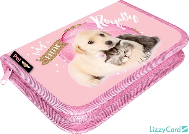 Kutyás-cicás varrott klapnis üres tolltartó - Little Friends Pink