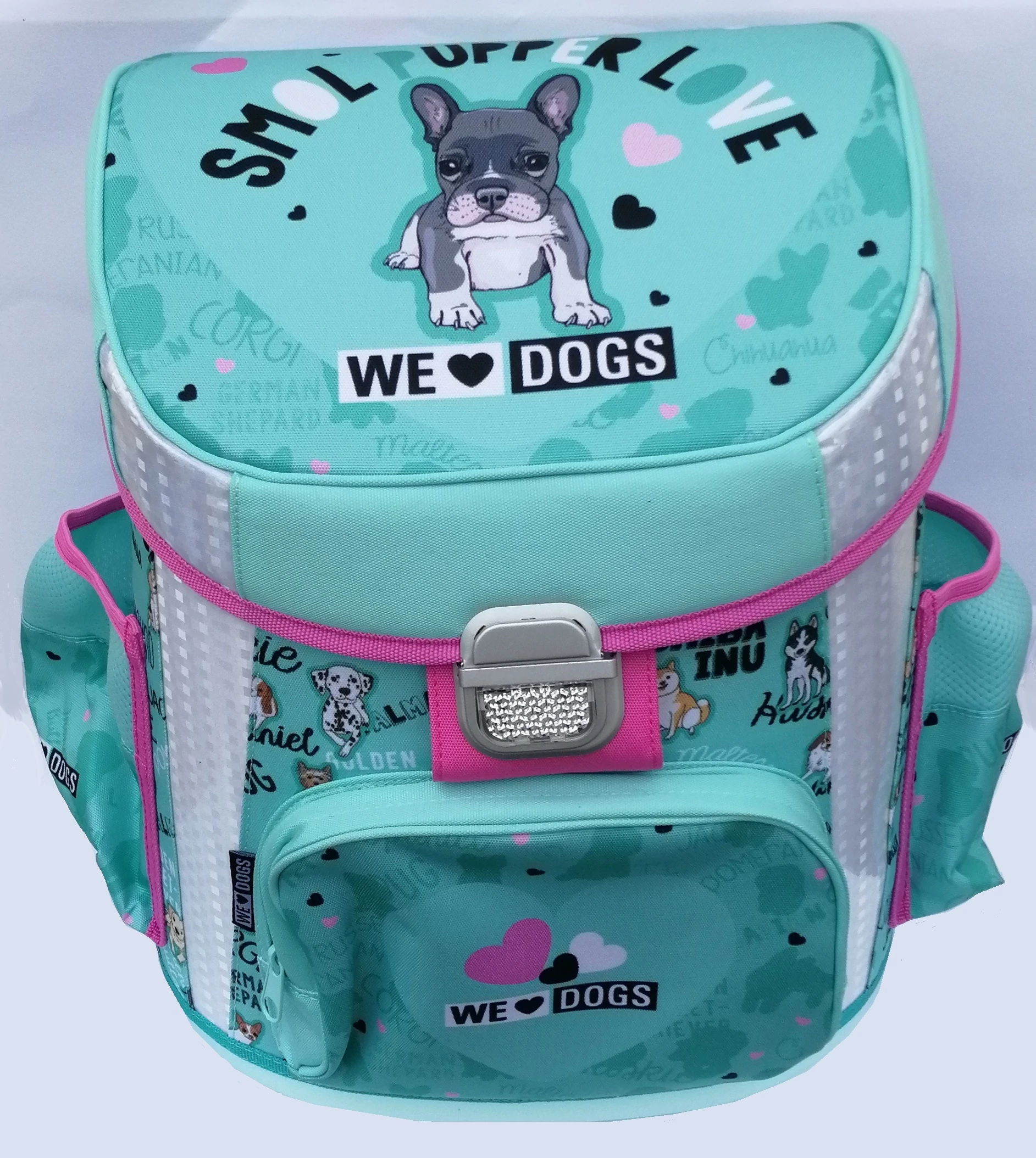 Kutyás prémium merevfalú ergonómikus iskolatáska - We love dogs blue