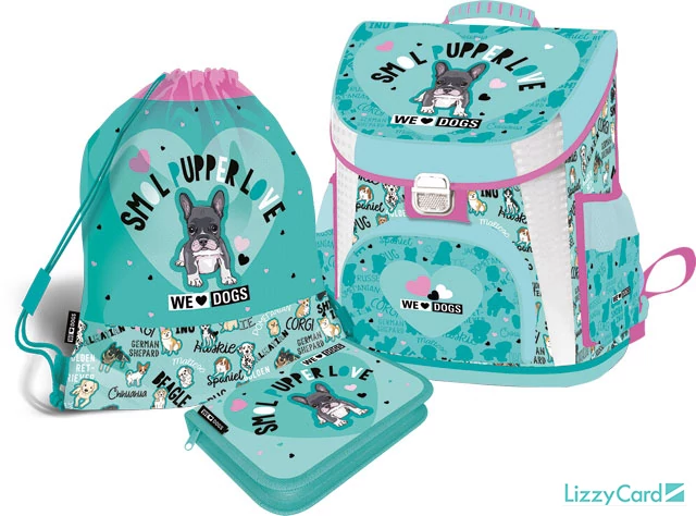 Kutyás prémium merevfalú ergonómikus iskolatáska szett - We love dogs blue 3 in 1