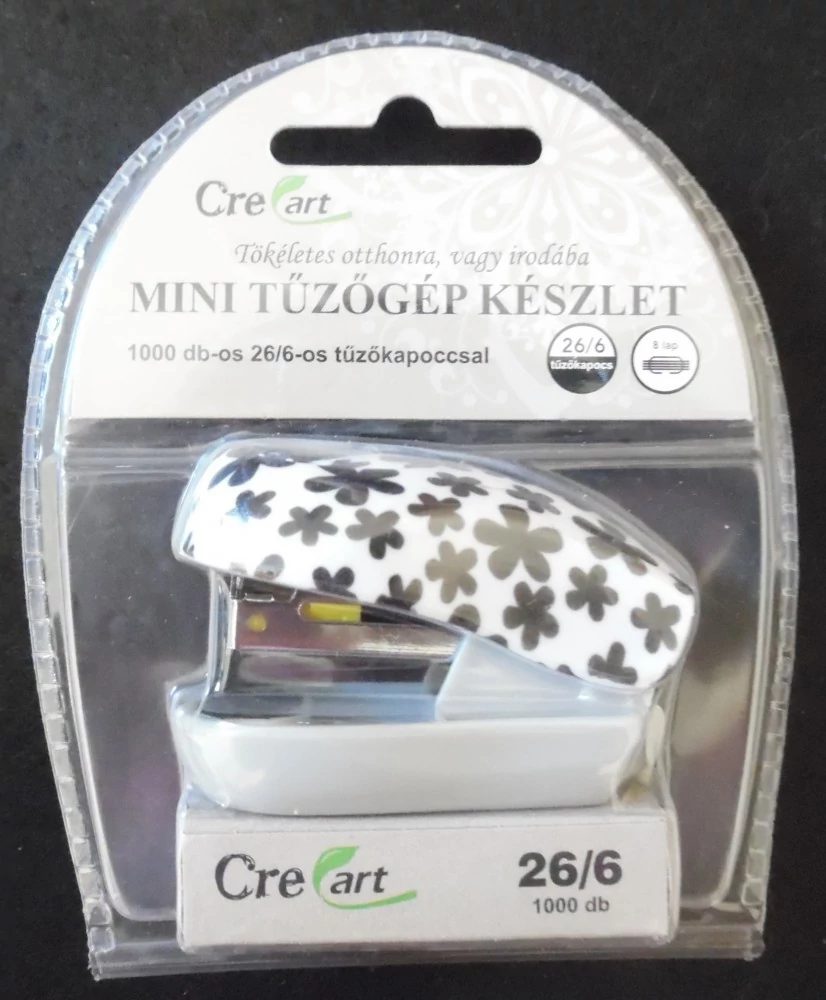 Tűzőgép mini - fekete-fehér virágos - Cre Art - ajándék tűzőkapoccsal