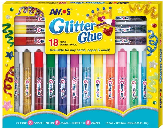 Csillámos ragasztó készlet Amos 18x10,5 ml - klasszikus, neon és gyöngyház