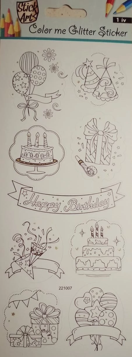 Színezhető csillámos matrica - Happy Birthday / Szülinapos