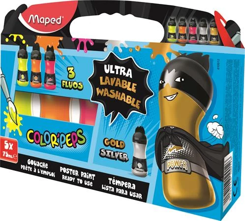 Tempera - Maped palackos tempera - 5 szín - fluoreszkáló és metál színek - Ultra washable