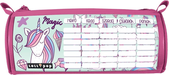 Unikornis hengeres bedobálós tolltartó órarenddel - Lollipop Magic